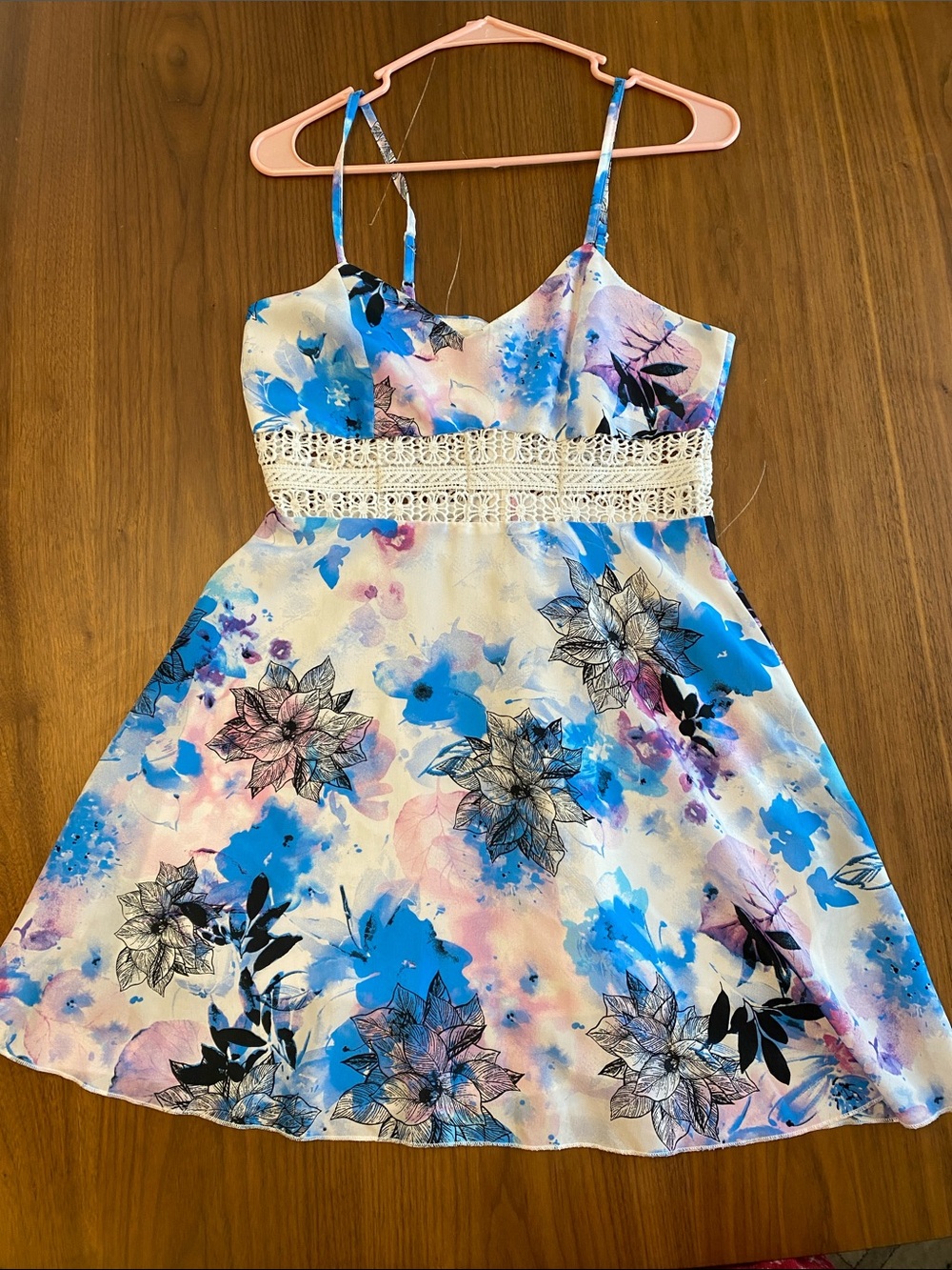 SHEIN Blue & Pink Floral Crochet-Waist Mini Dress